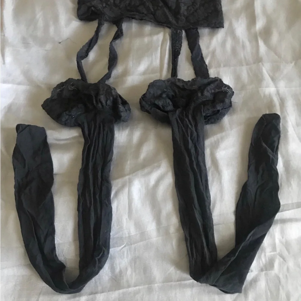 Black Lace Garter Belt with Attached Stockings